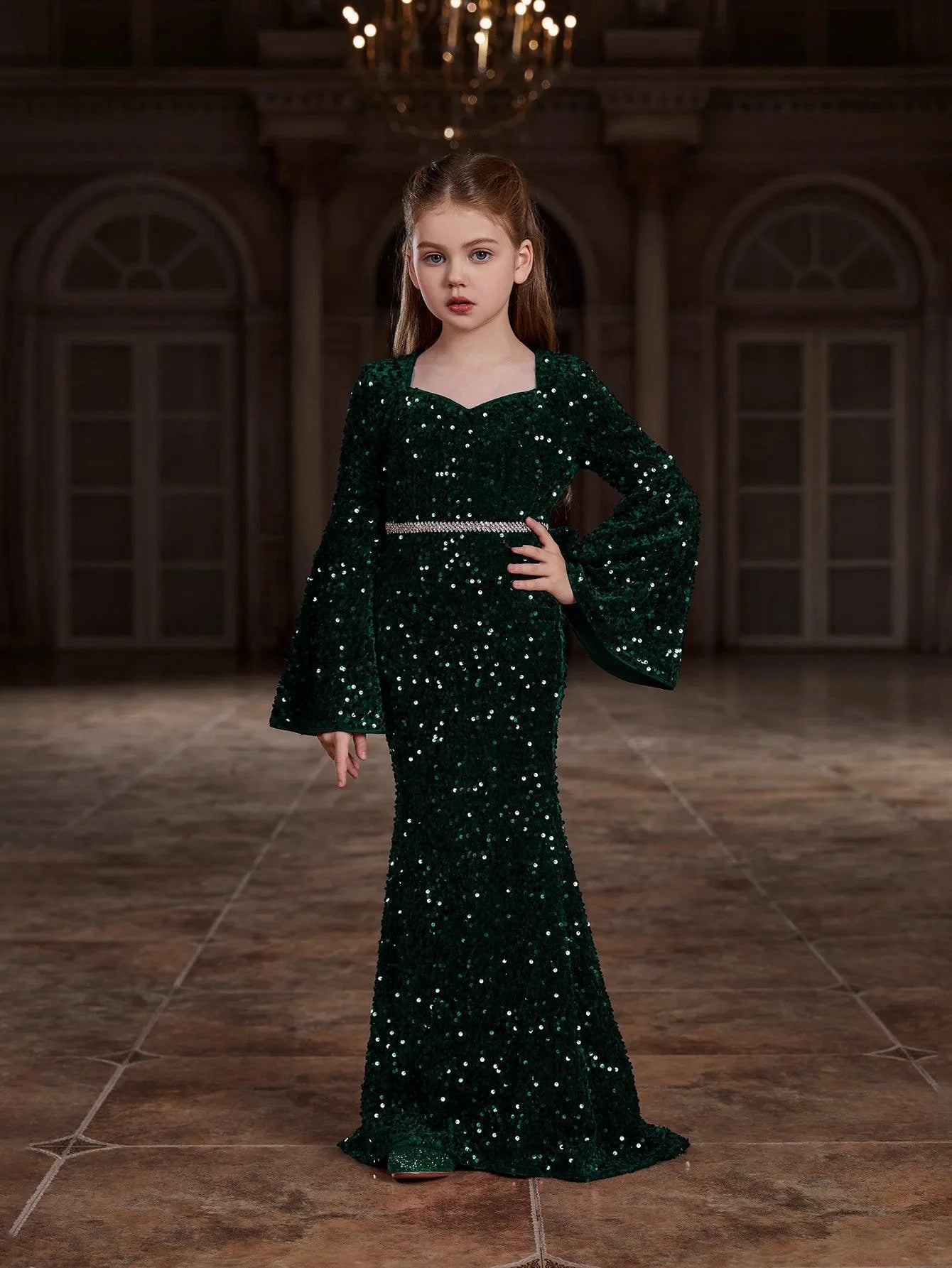 Tween Girls' Sweetheart Collar Bell Sleeves Sequin Mermaid Dress - Elonnashop