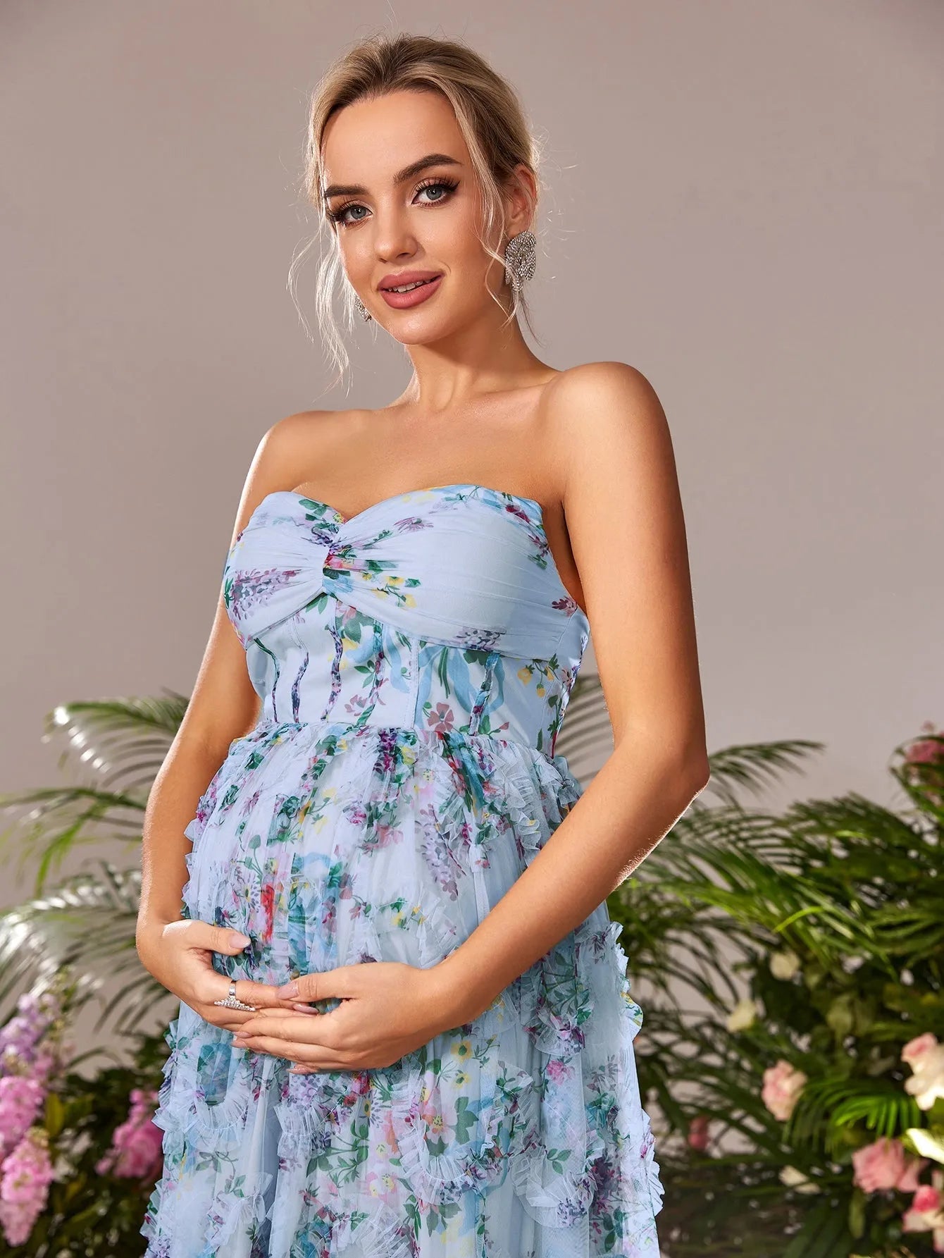 Maternity Strapless Ruffle Trim Floral Mesh Party Dress