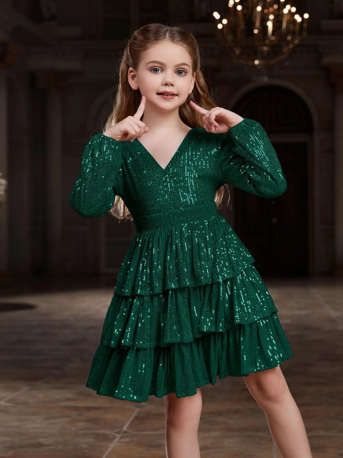 Tween Girls' Backless V Neck Layered Hem Sequin Party Dress - Elonnashop