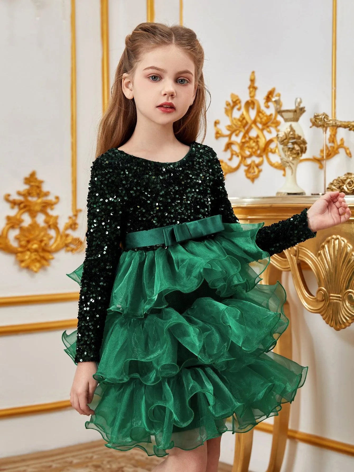 Tween Girls' Sequin Contrast Layered Organza Hem Dress - Elonnashop