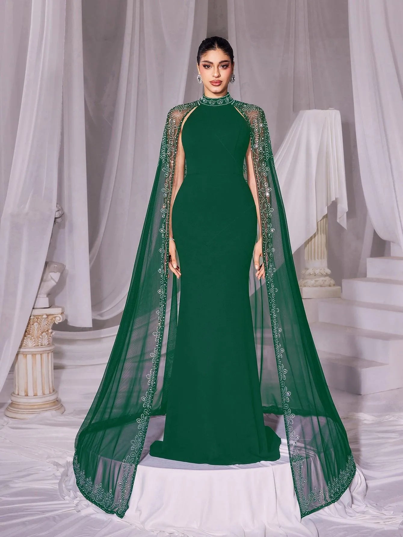 Gorgeous Rhinestone Detail Mock Neck Mermaid Hem Formal Cape Dress Evening Dress Black / M Gorgeous Rhinestone Detail Mock Neck Mermaid Hem Formal Cape Dress Evening Dress Black / M