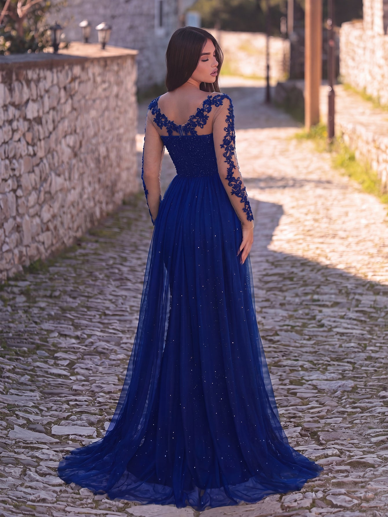 Elegant Sheer Sleeves Mesh Train Sequin Evening Dress – Elonnashop