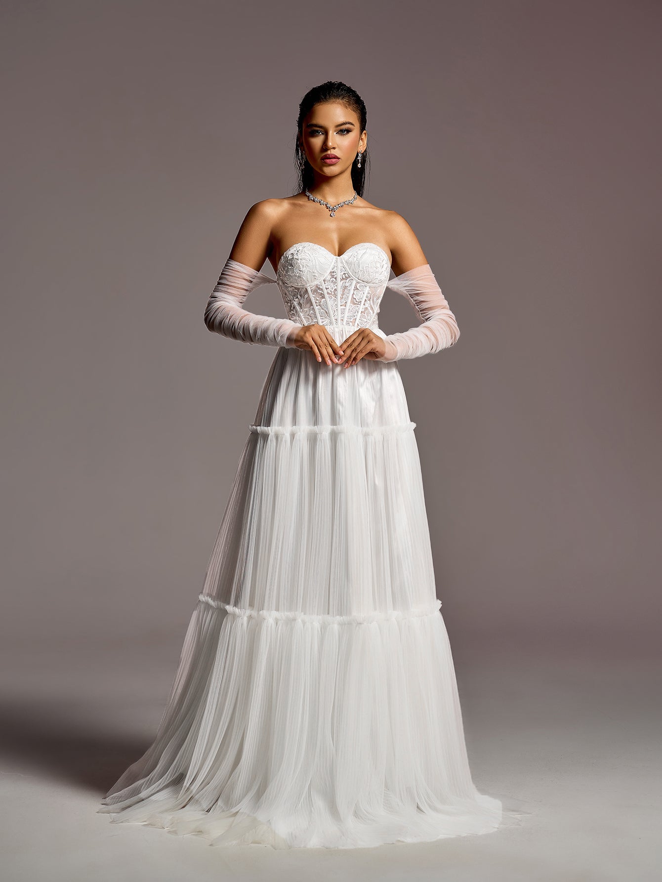 Elegant Lace Corset Bodice Sheer Sleeves A-line Tulle Wedding Dress