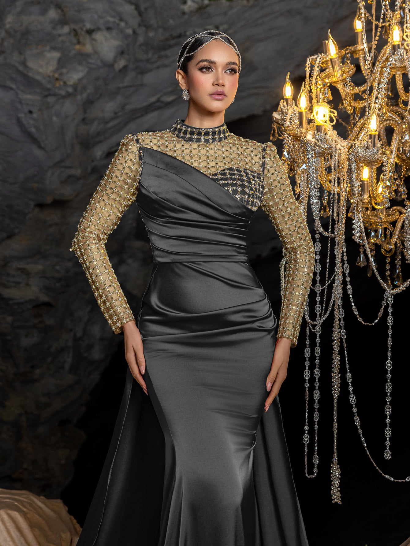 Elegant Beaded Sheer Long Sleeve Gown | High Neck & Satin Mermaid Skirt