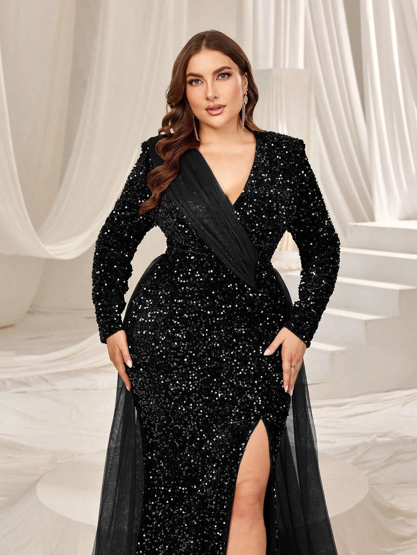 Plus Elegant Mesh Insert Split Mermaid Hem Sequin Evening Dress Elonnashop Plus Elegant Mesh Insert Split Mermaid Hem Sequin Evening Dress Elonnashop