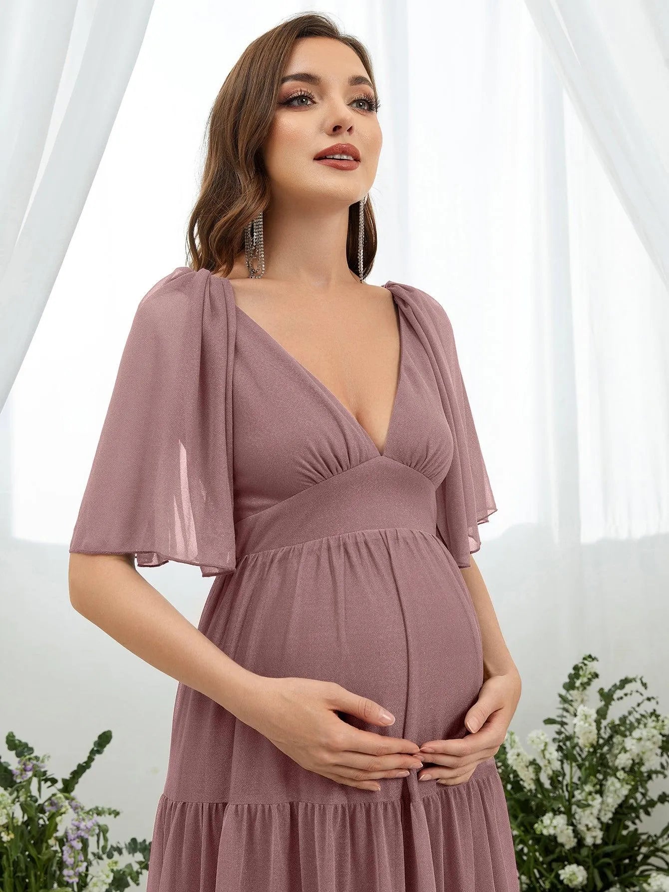 Maternity Plunging Neck Butterfly Sleeve Ruffle Hem Dress - Elonnashop