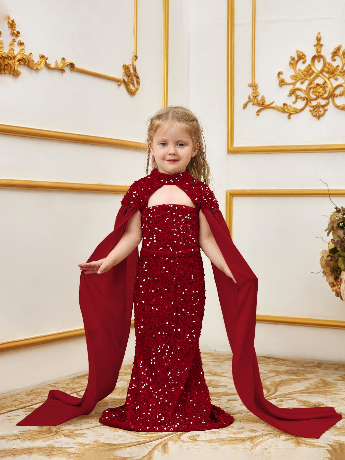 Young Girls' Mock Neck Cape Sleeves Sequin Party Dress