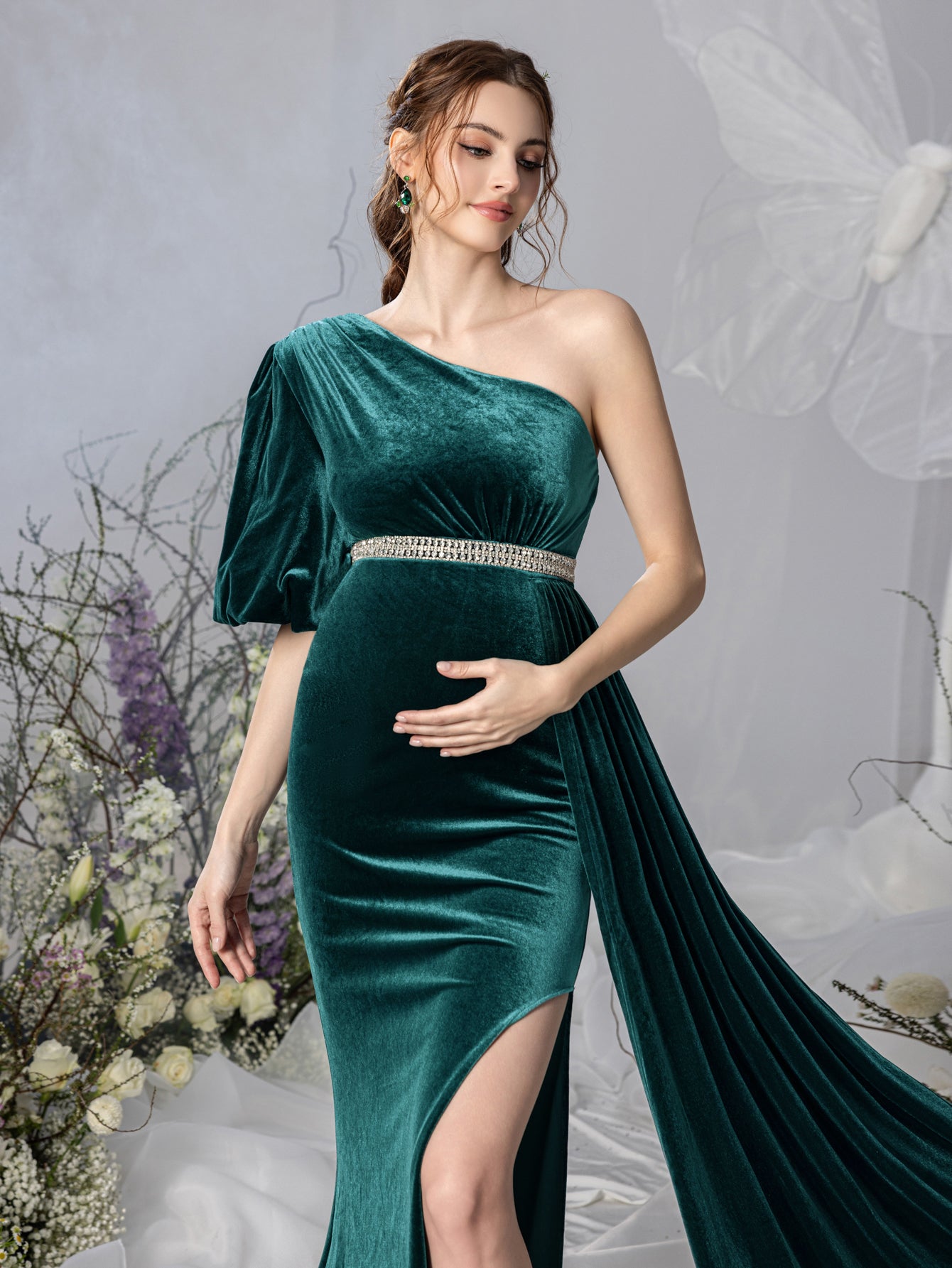 Maternity One Shoulder Split Mermaid Hem Velvet Evening Dress