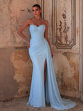 Elegant Strapless Sweetheart Neckline Mermaid Gown with Ruched Bodice, High Front Slit and Corset Back Lace-Up Detail | Evening Dress for Girls, Weddings, Formal Events