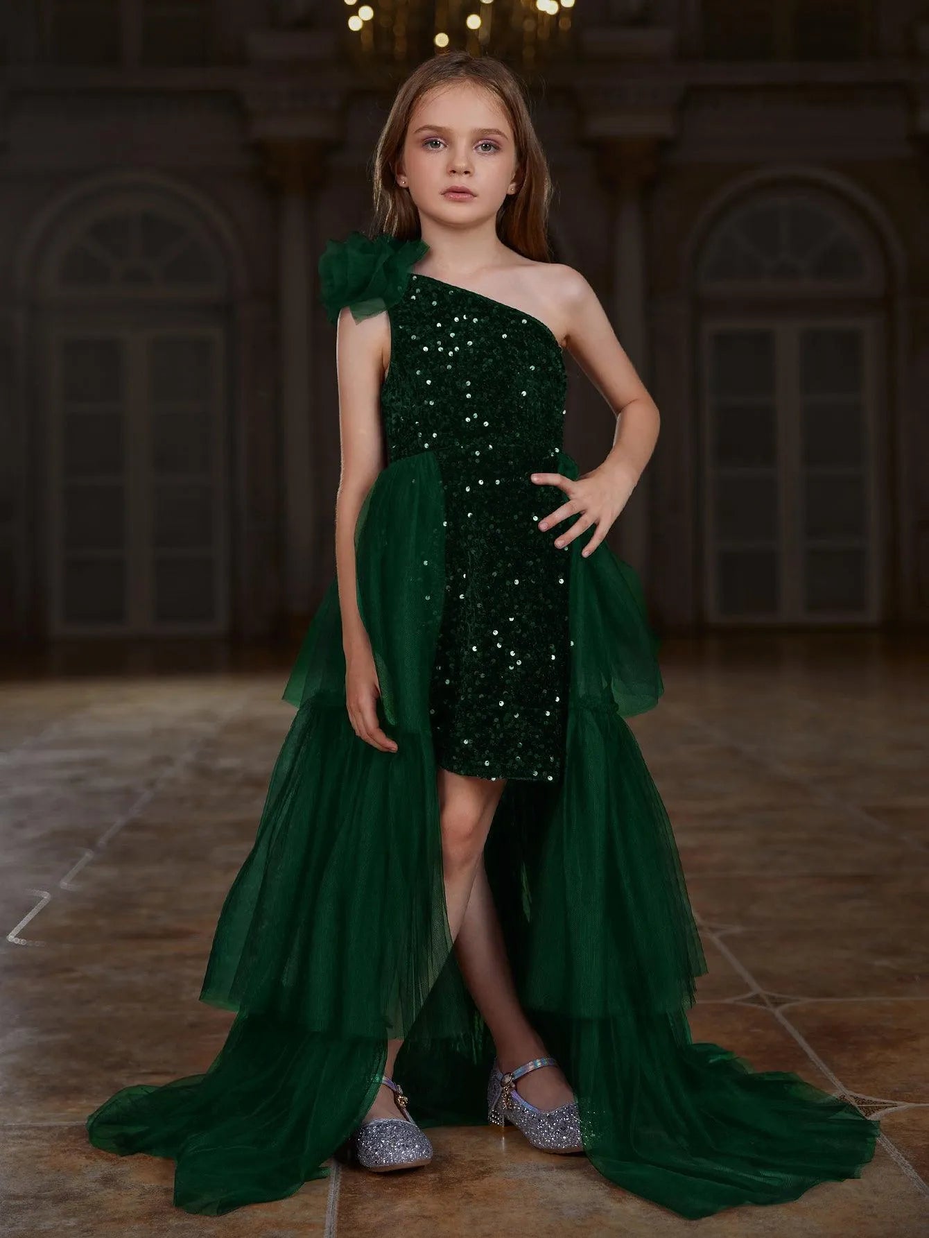 Tween Girls' One Shoulder Mesh Layered Hem Sequin Dress Dark Green / 12Y Tween Girls' One Shoulder Mesh Layered Hem Sequin Dress Dark Green / 12Y