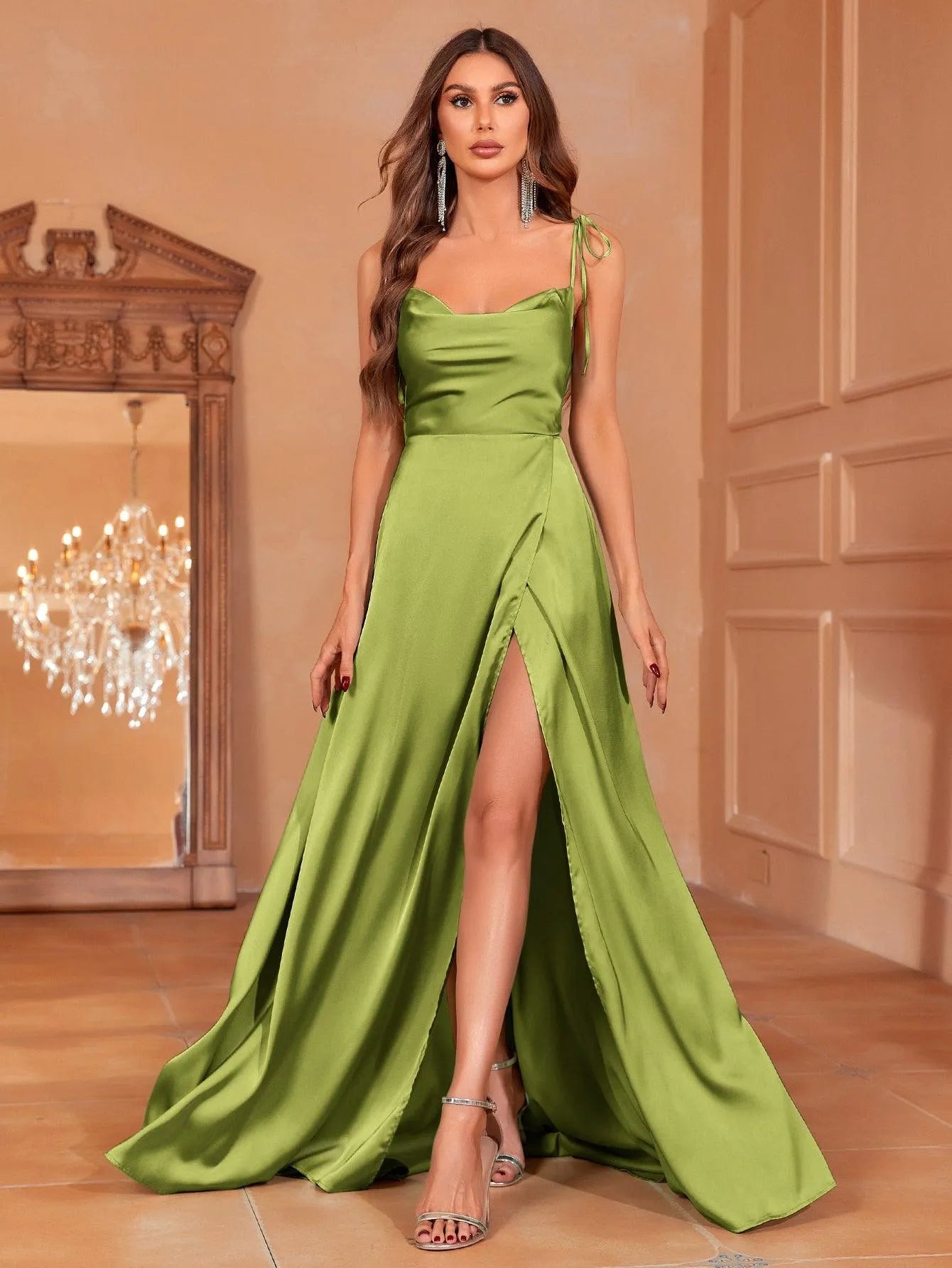 Elegant Tie Shoulder Satin Bridesmaid Dress Olive Green / XS Elegant Tie Shoulder Satin Bridesmaid Dress Olive Green / XS