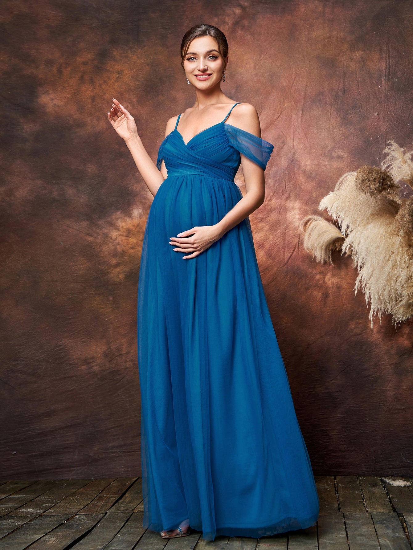 Maternity Cold Shoulder Ruched Bust Tulle Cami Party Dress