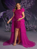 Plus Maternity Sequin Gown with Ruffled Tulle Shoulders & High-Low Skirt – Glamorous 1XL-3XL Pregnancy Photoshoot Dress