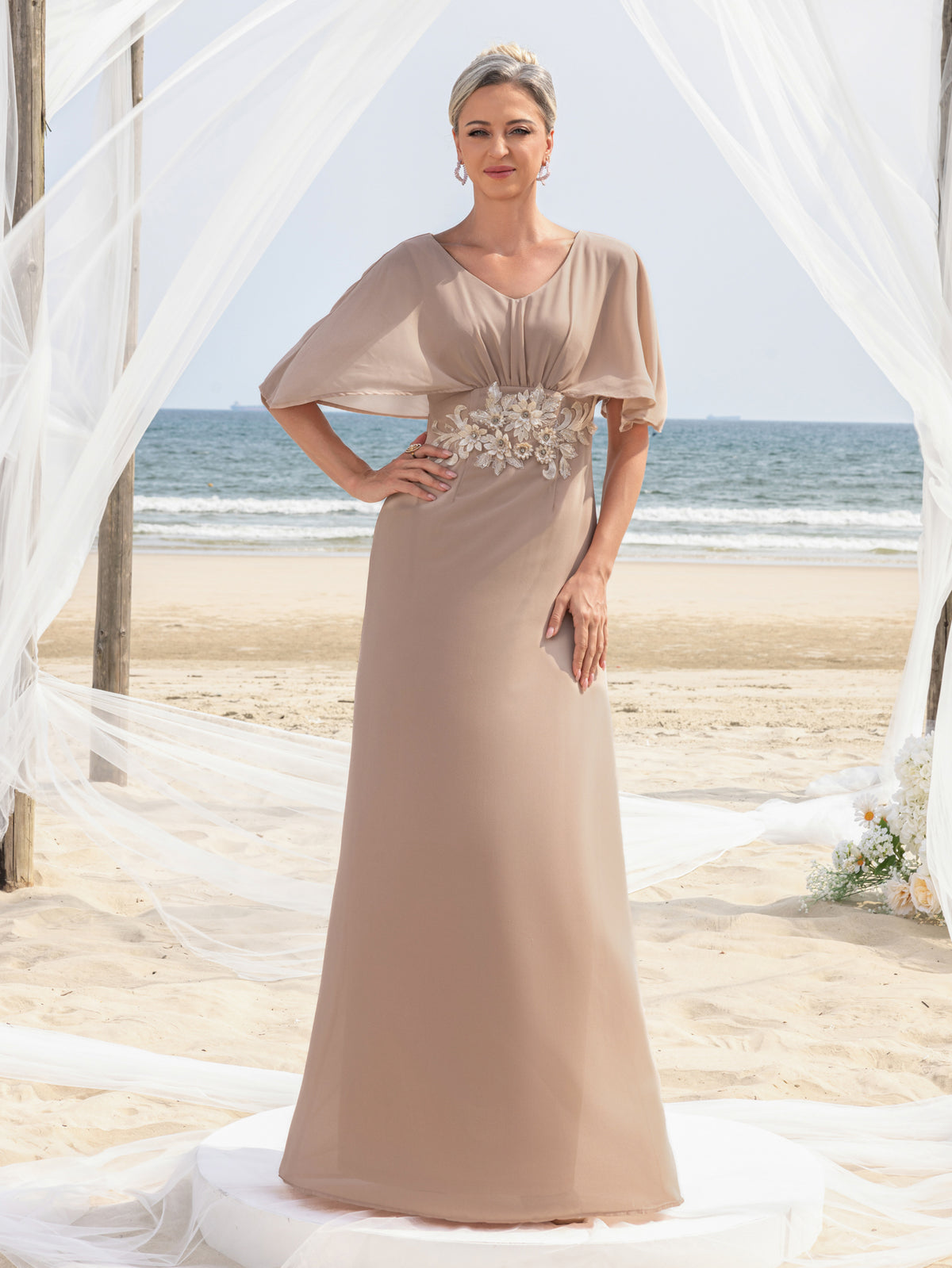 Womens' Applique Detail V Neck Chiffon Formal Dress