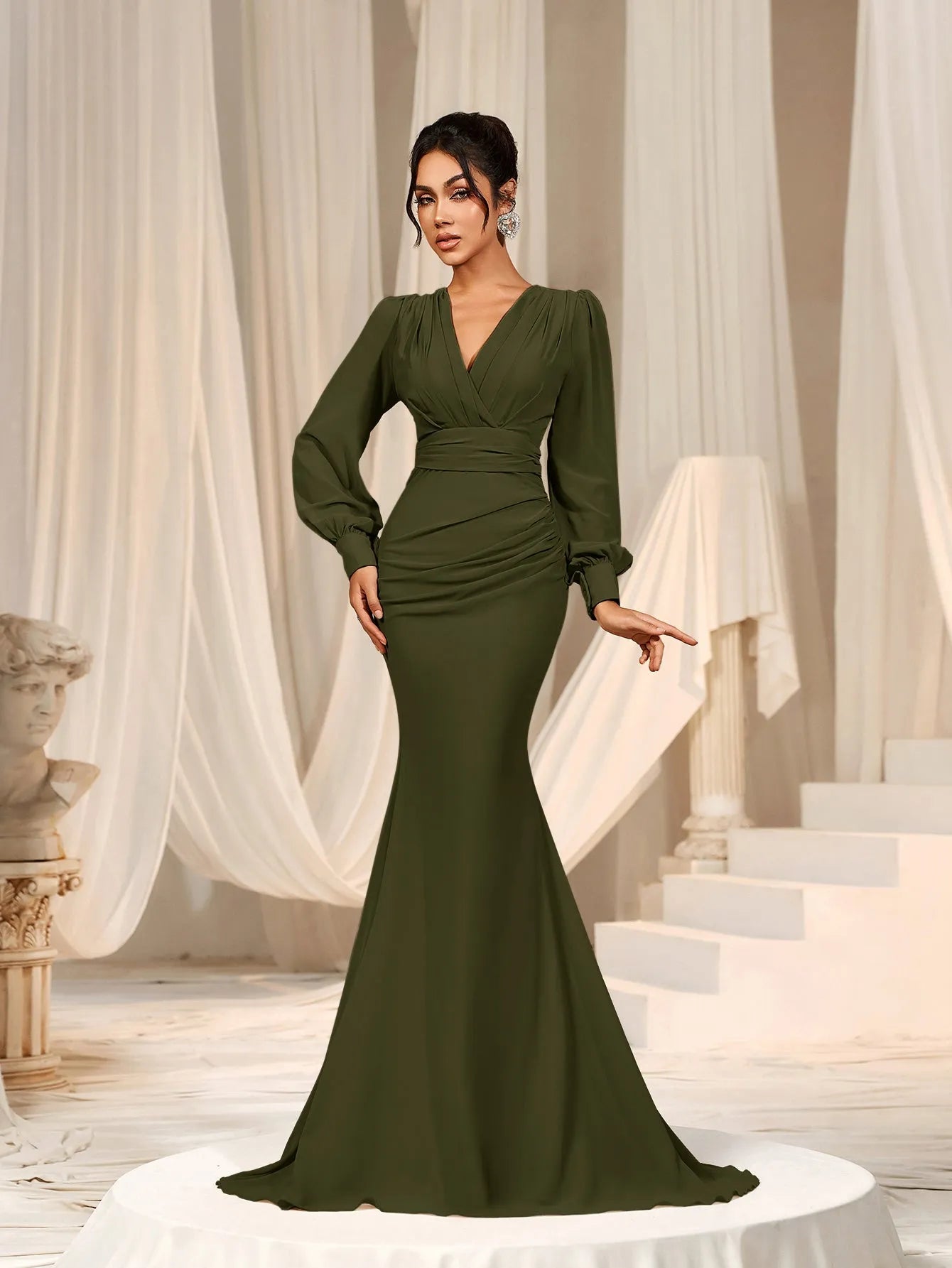 Surplice Neck Lantern Sleeve Chiffon Mermaid Dress