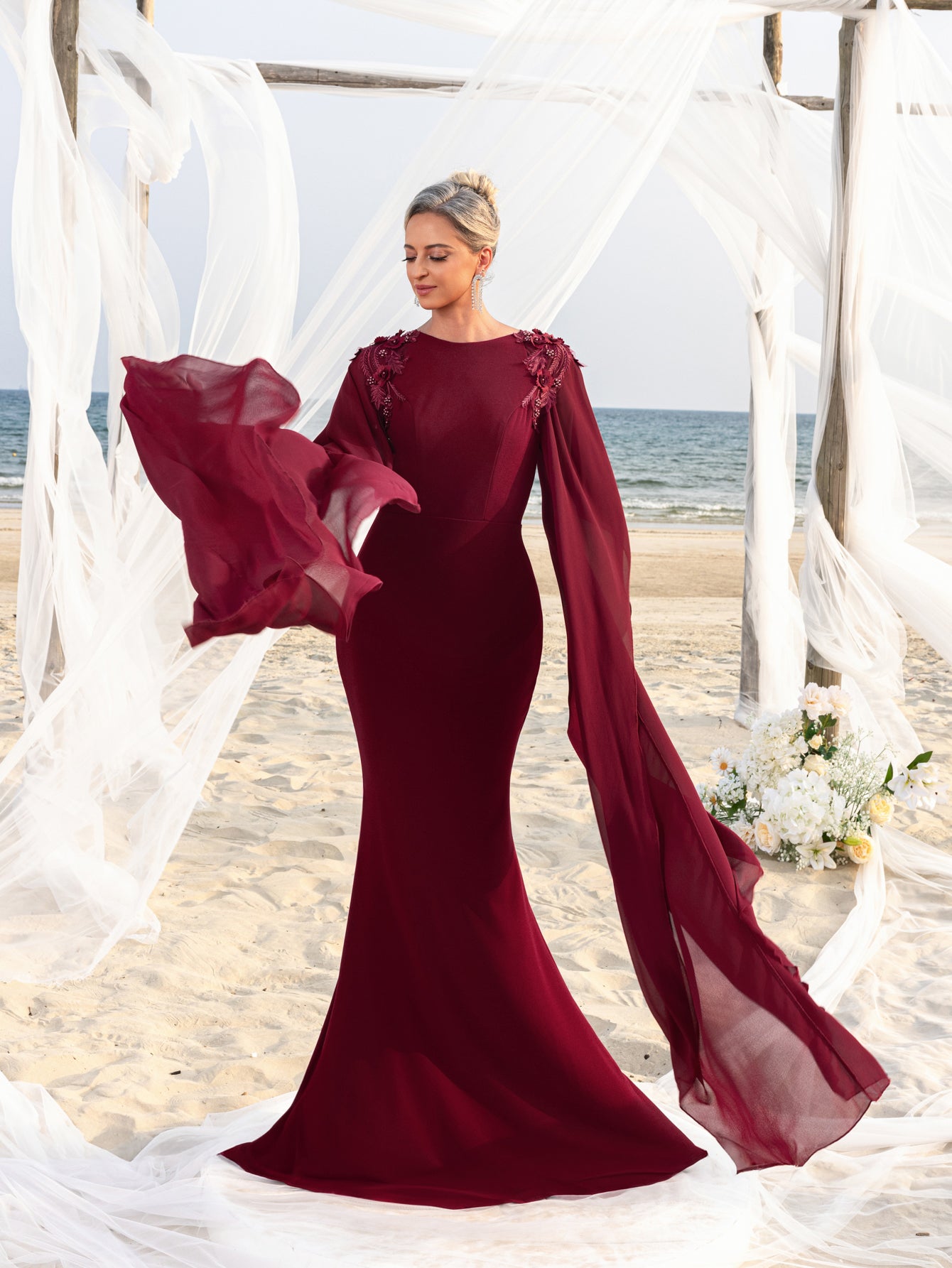 Womens' Mermaid Silhouette Formal Dress with Flared Chiffon Sleeves & Burgundy / L Womens' Mermaid Silhouette Formal Dress with Flared Chiffon Sleeves & Burgundy / L