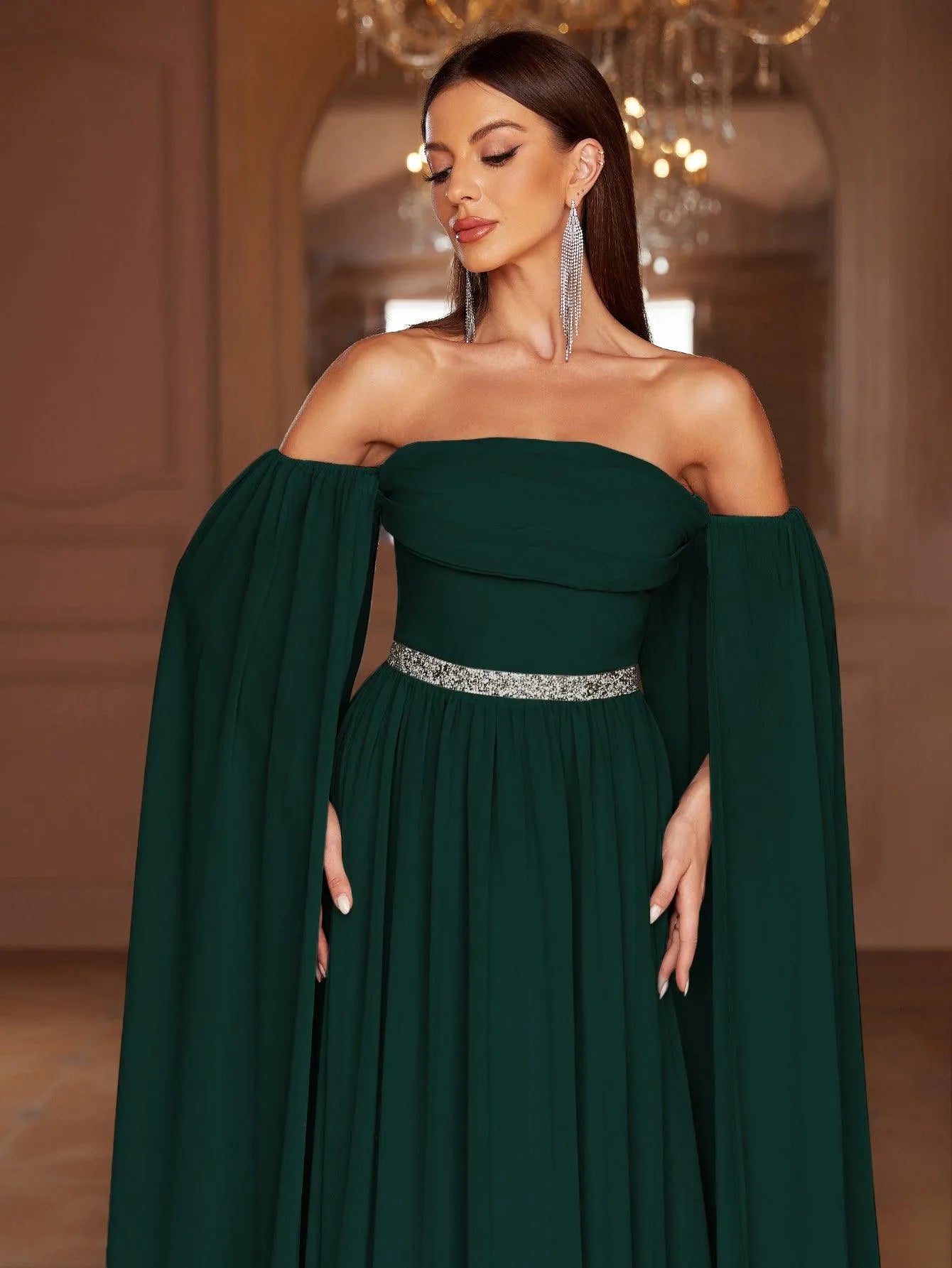 Elegant Off Shoulder Extra-Long Sleeves Chiffon Prom Dress - Elonnashop