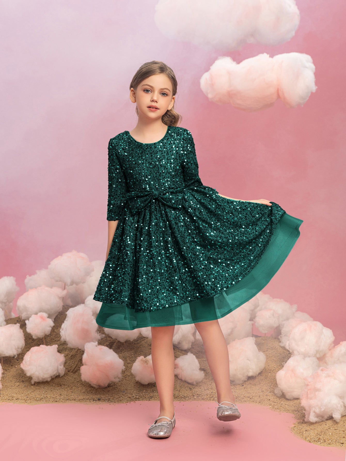 Tween Girls' Bow Detail 3/4 Sleeve Sequin Party Dress