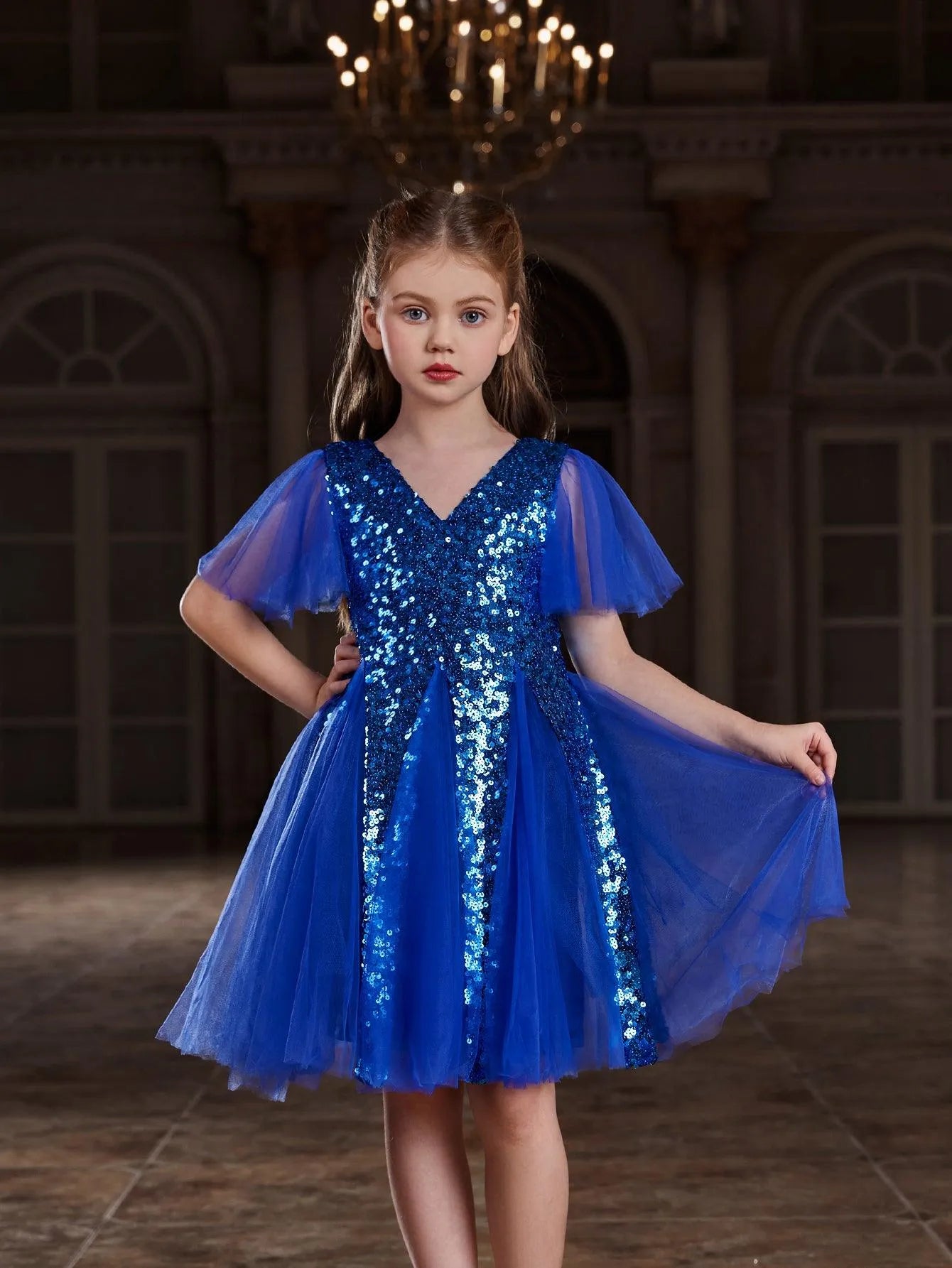 Tween Girls' Butterfly Sleeves Mesh Insert Sequin Dress - Elonnashop