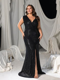 Plus Asymmetrical Neck Split Thigh Sequin Prom Dress