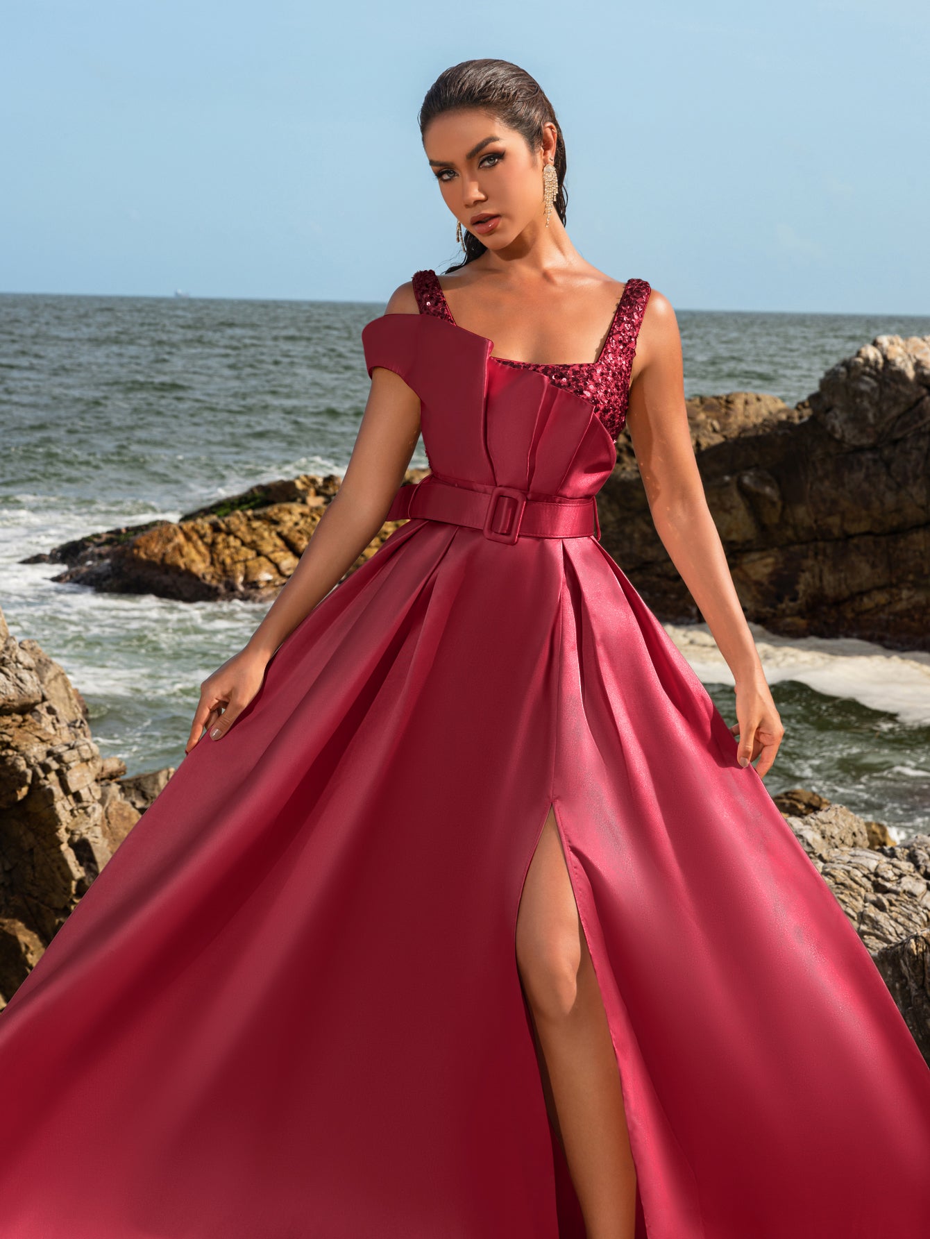 Elegant Square Collar Buckle Belted Split Satin Prom Dress