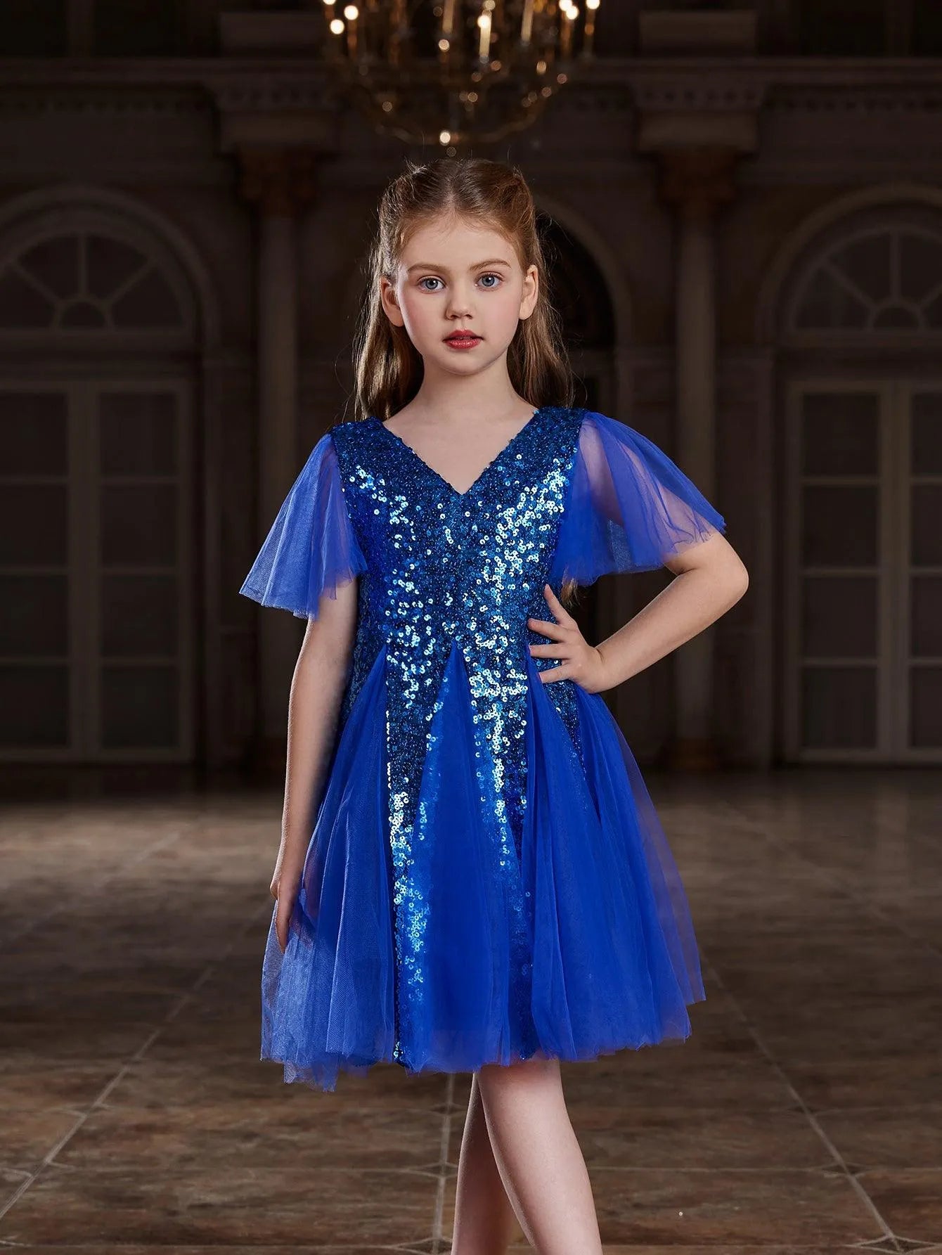 Tween Girls' Butterfly Sleeves Mesh Insert Sequin Dress - Elonnashop