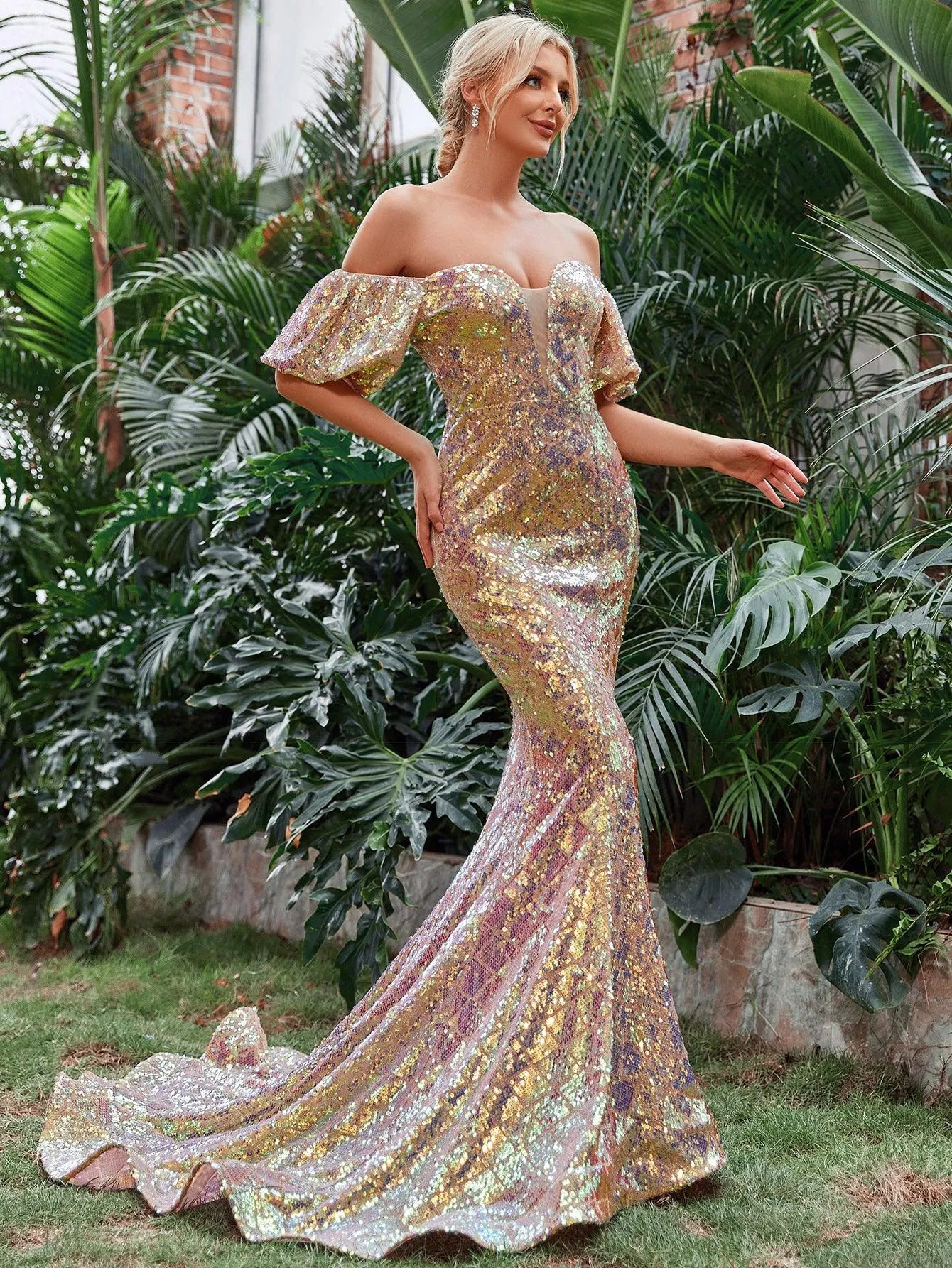 Off Shoulder Puff Sleeves Sequin Mermaid Dresses - Elonnashop