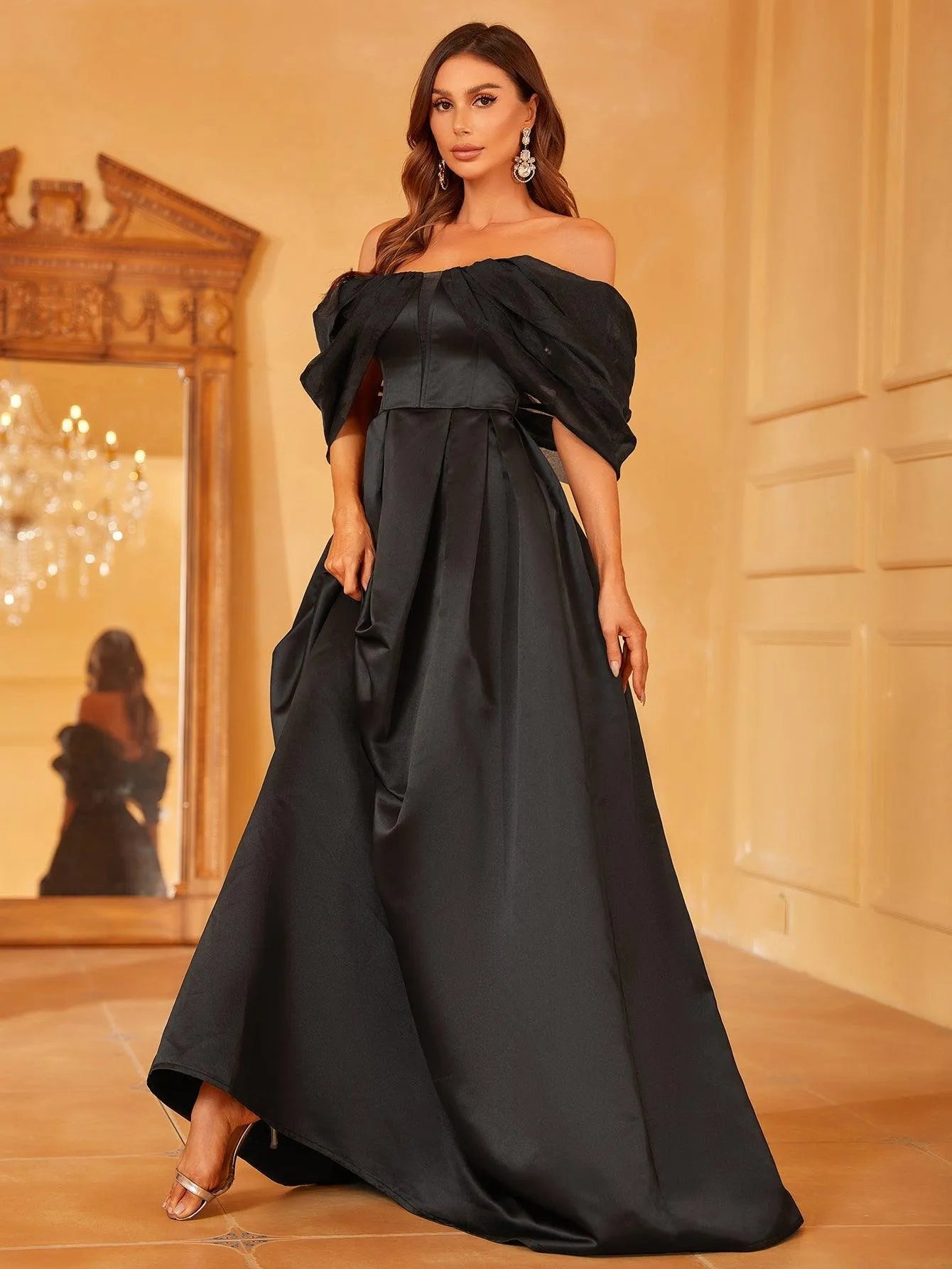 Off Shoulder Contrast Mesh Satin Formal Dress - Elonnashop