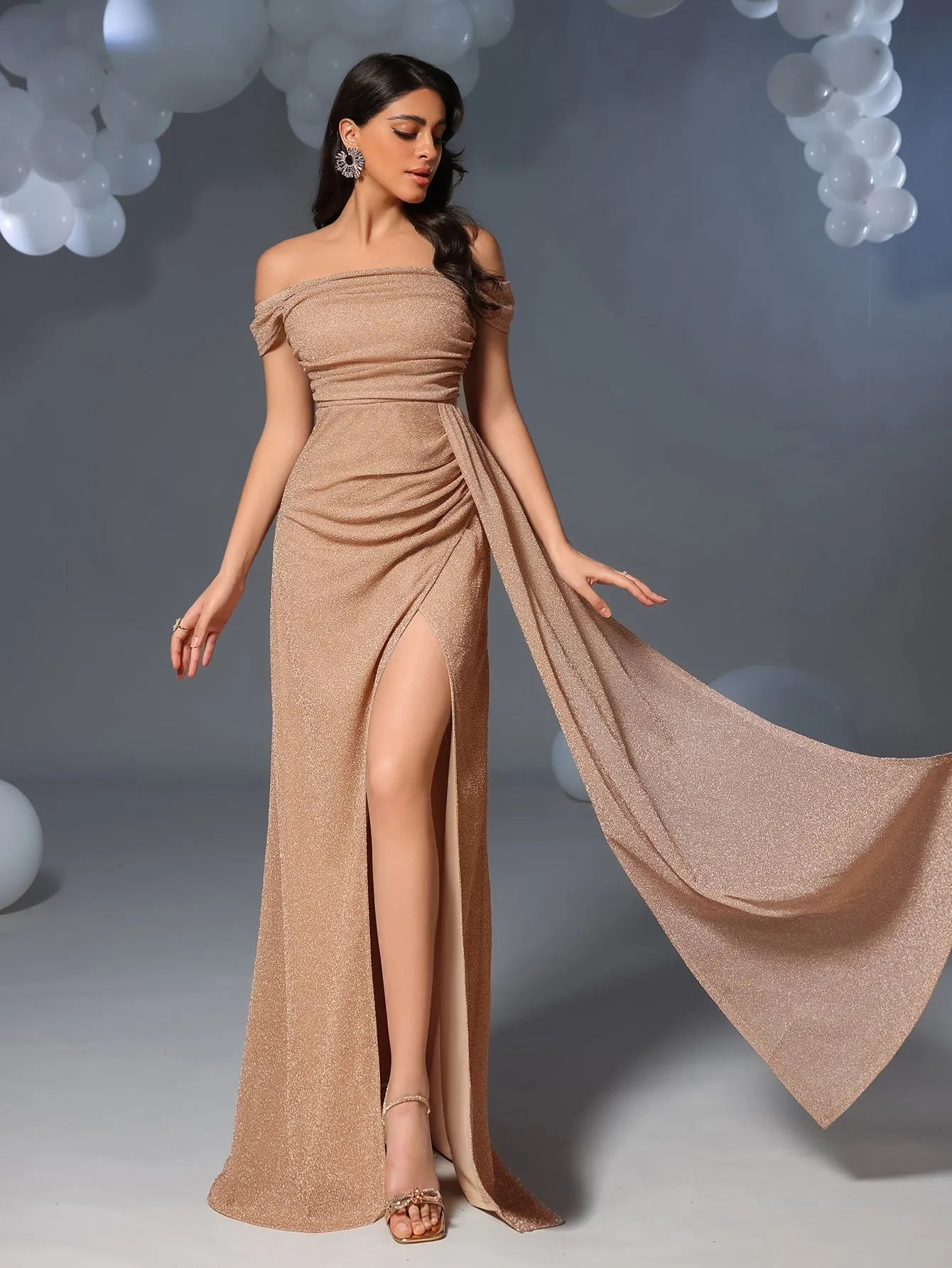 Glitter Off Shoulder Draped Side Split Thigh Formal Evening Dress Elonnashop Glitter Off Shoulder Draped Side Split Thigh Formal Evening Dress Elonnashop