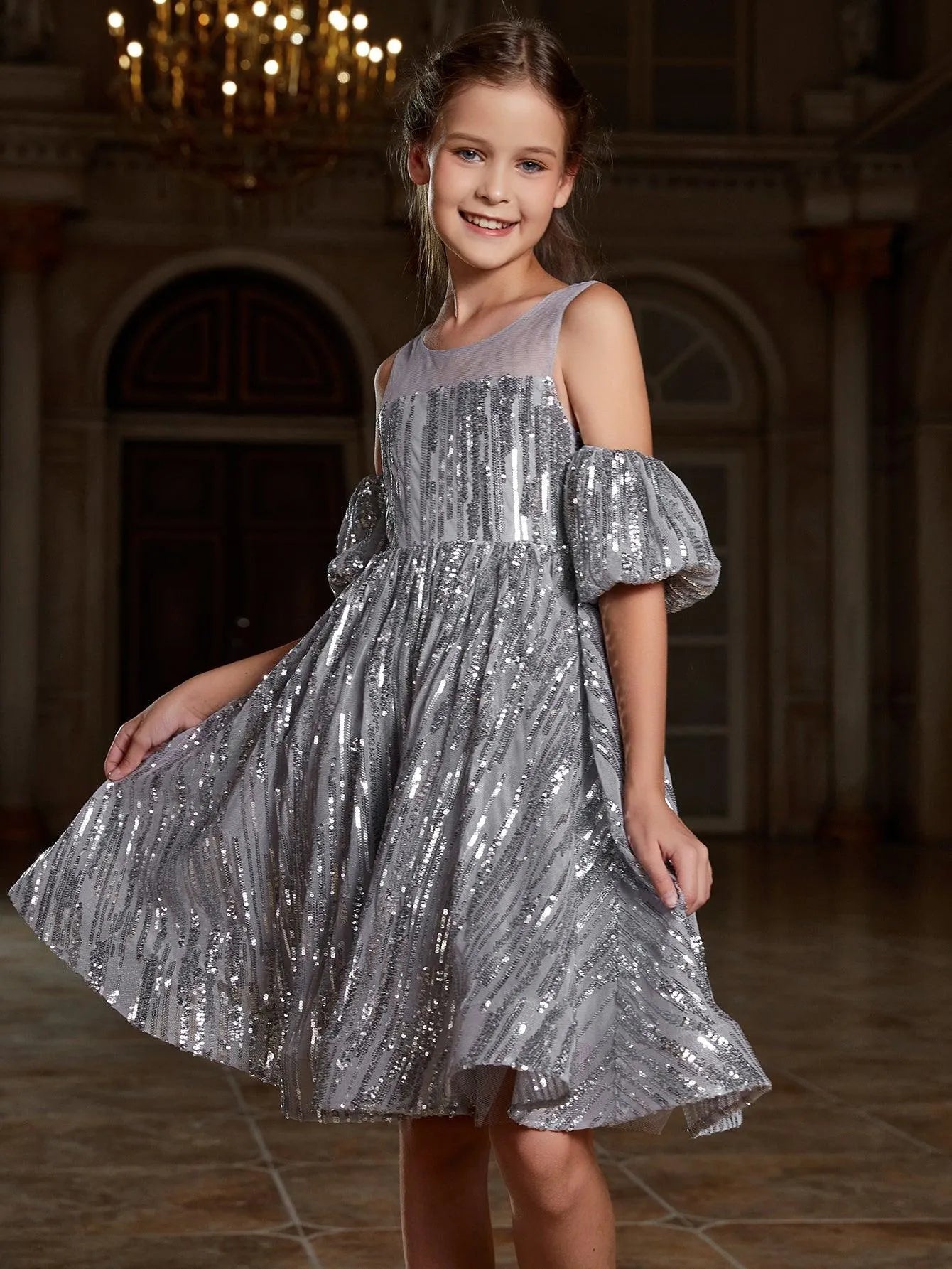 Tween Girls' Puff Sleeve Contrast Mesh Sequin Party Dress - Elonnashop