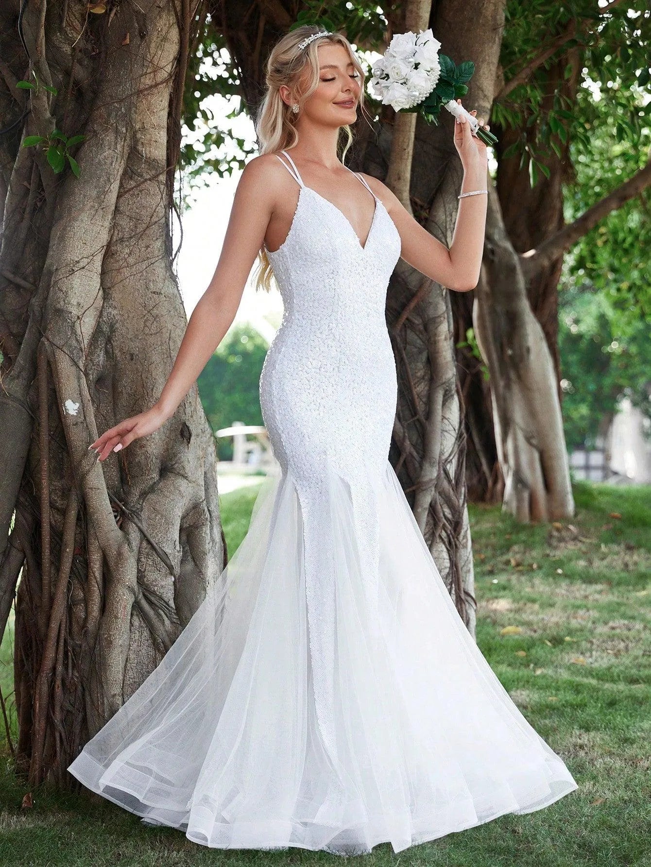 Backless Mermaid Hem Sequin Cami Wedding Dress - Elonnashop