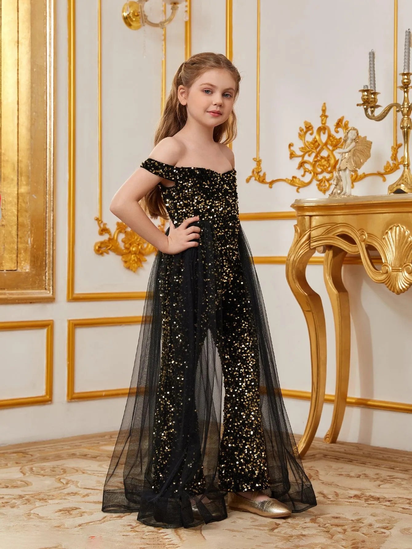 Formal Jumpsuit Dress For Girls Tween Girls' Off Shoulder Mesh Overlay Sequin Party Jumpsuit Formal Jumpsuit Dress For Girls Tween Girls' Off Shoulder Mesh Overlay Sequin Party Jumpsuit