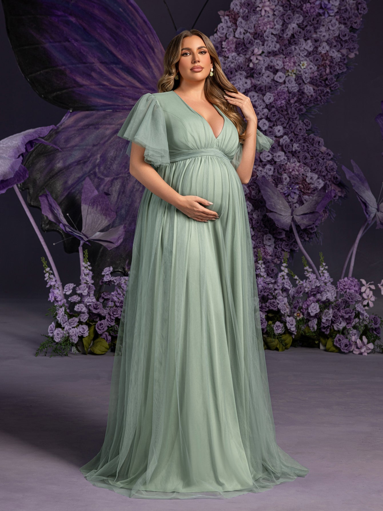 Plus Maternity V Neck Layered Ruffle Sleeves Split Prom Dress