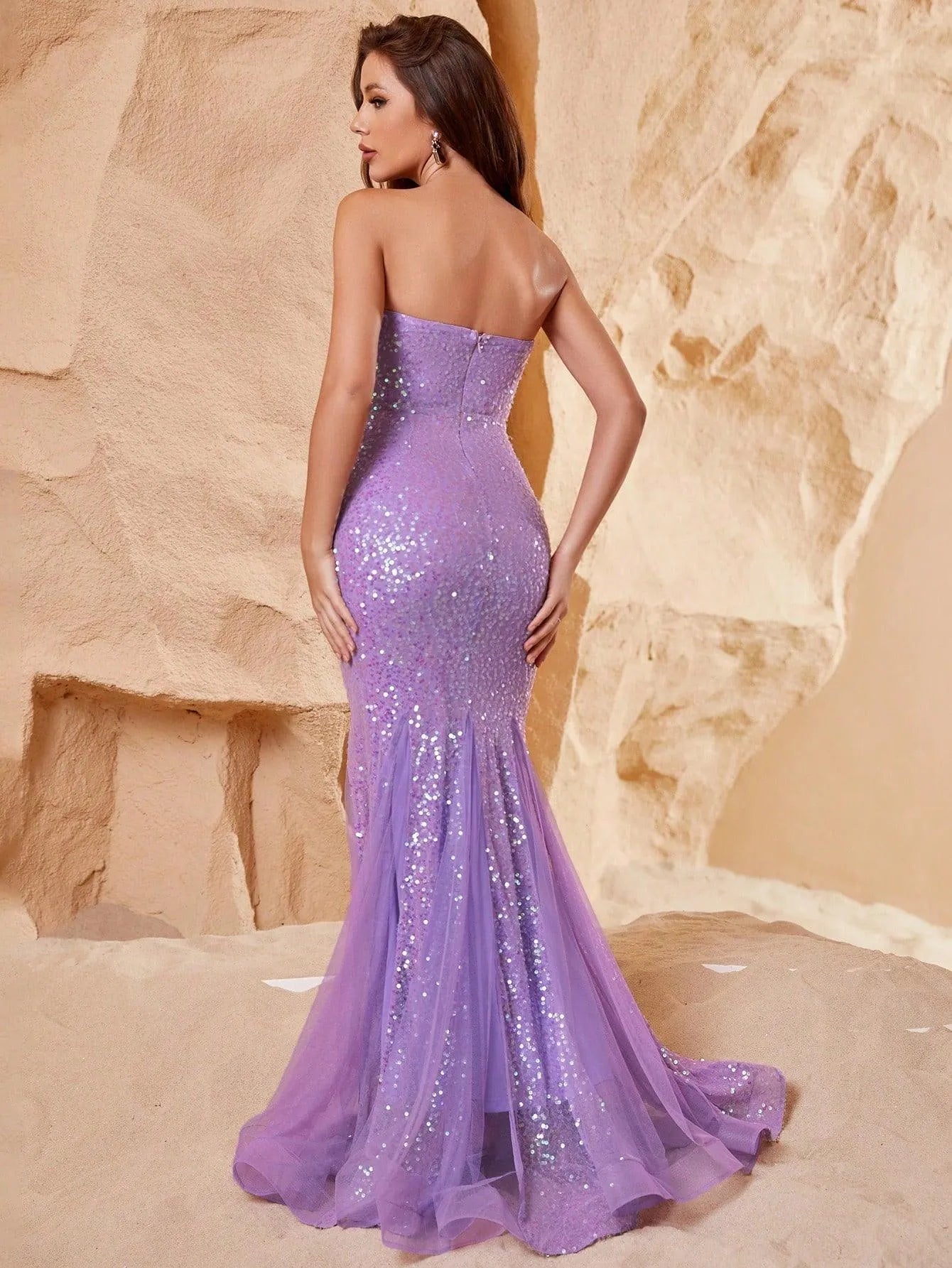 Mesh Insert Mermaid Hem Sequin Formal Prom Dress - Elonnashop