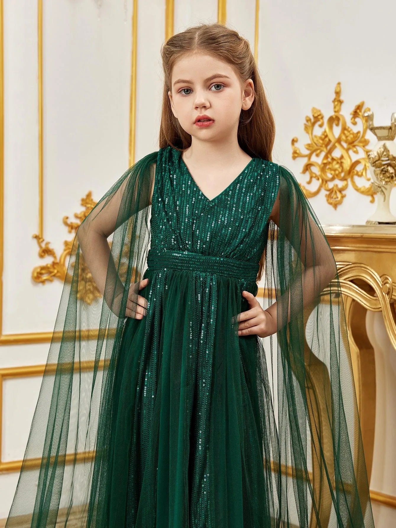 Tween Girls' Contrast Mesh Cape Sleeves Sequin Party Dress - Elonnashop