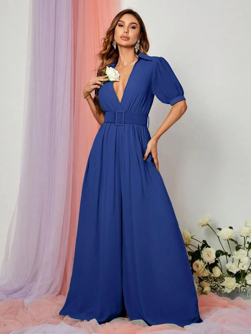 Plunging Neck Puff Sleeves Wide Leg Jumpsuit - Elonnashop