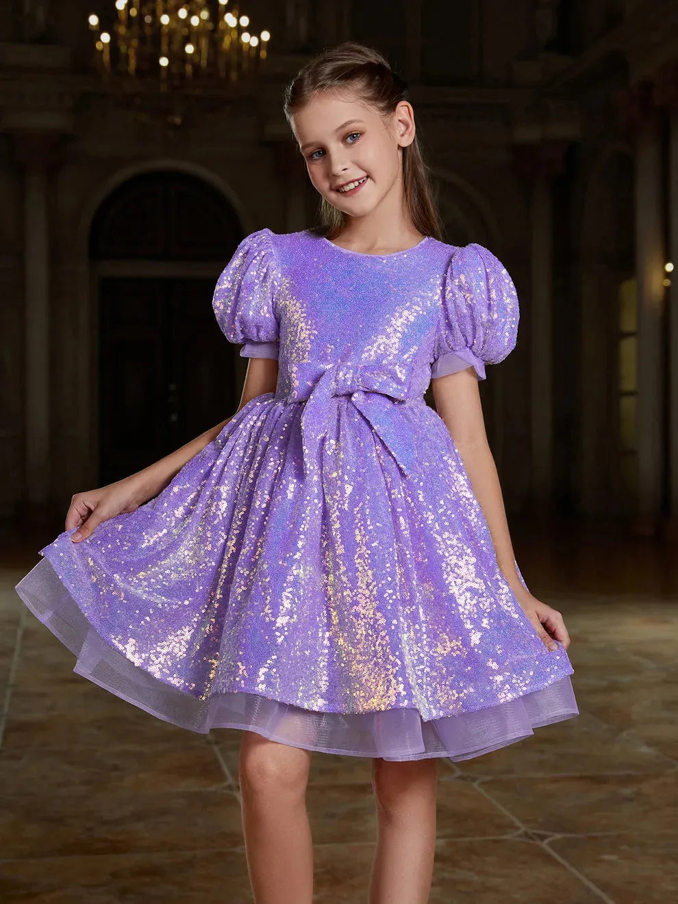 Tween Girls' Cute Bow Front Puff Sleeve Sequin Party Dress