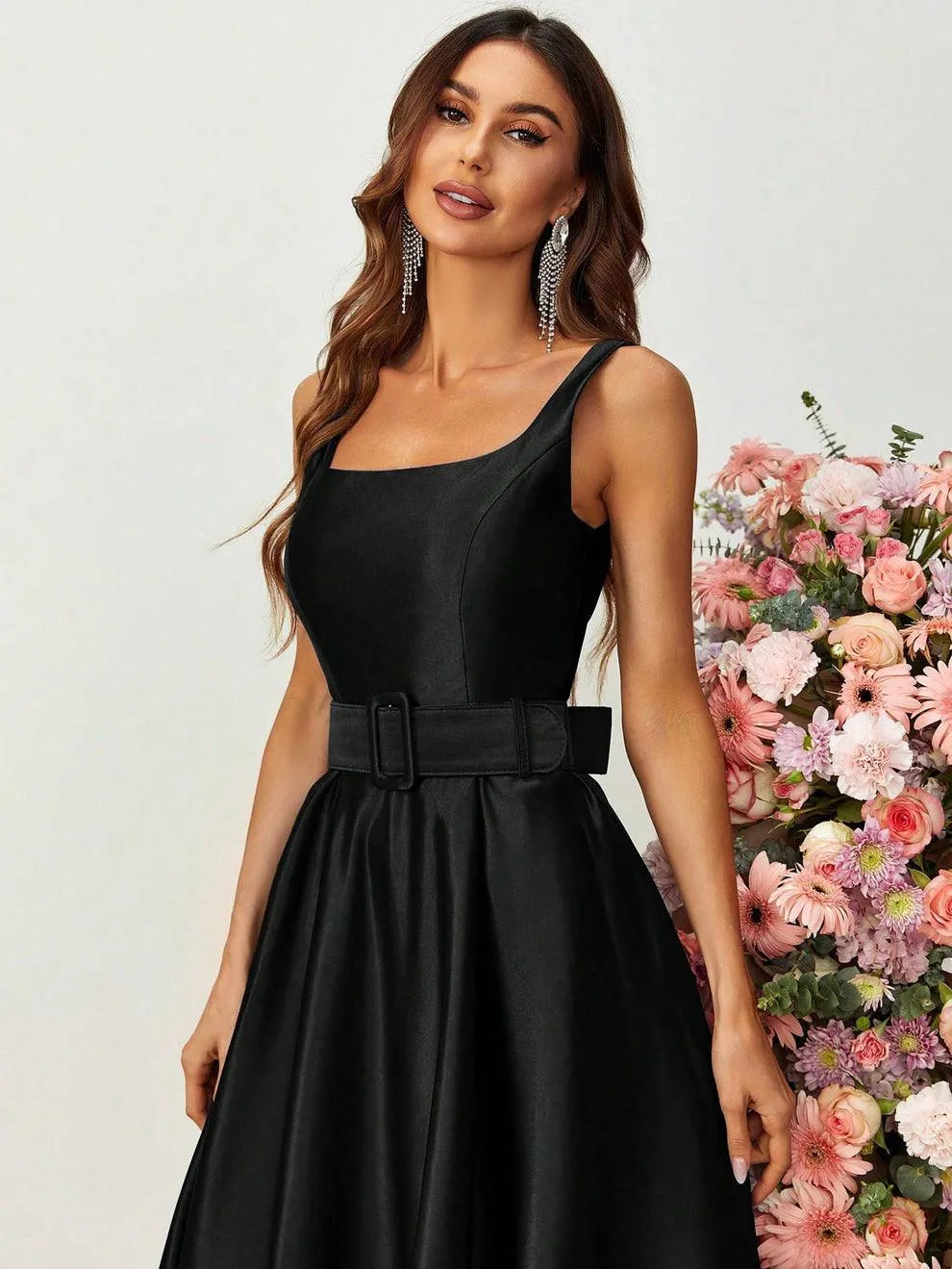 Square Collar Sleeveless Belt Satin Prom Dress - Elonnashop