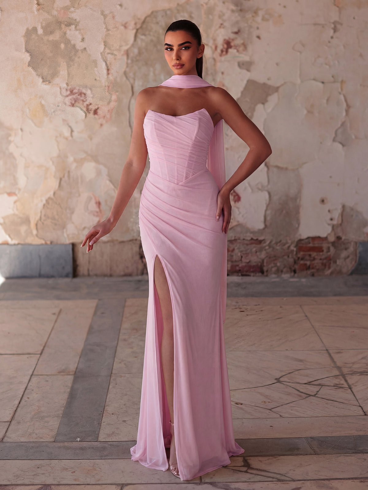 Elegant Strapless Maxi Dress | Ruched Tulle Gown with High Front Slit and Open Back Lace-Up Detail