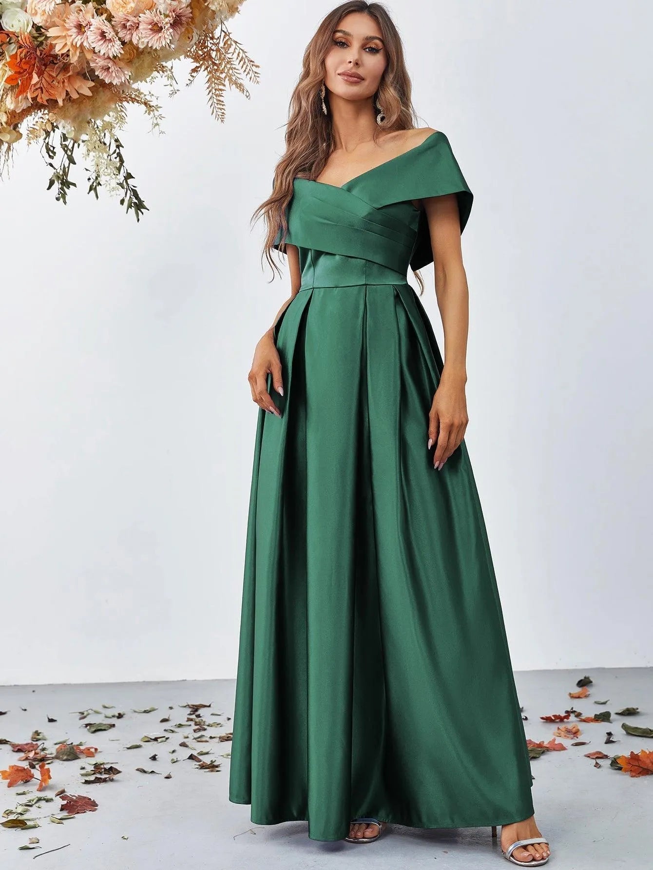 Off Shoulder Fold Pleated Detail Satin A Line Dress - Elonnashop