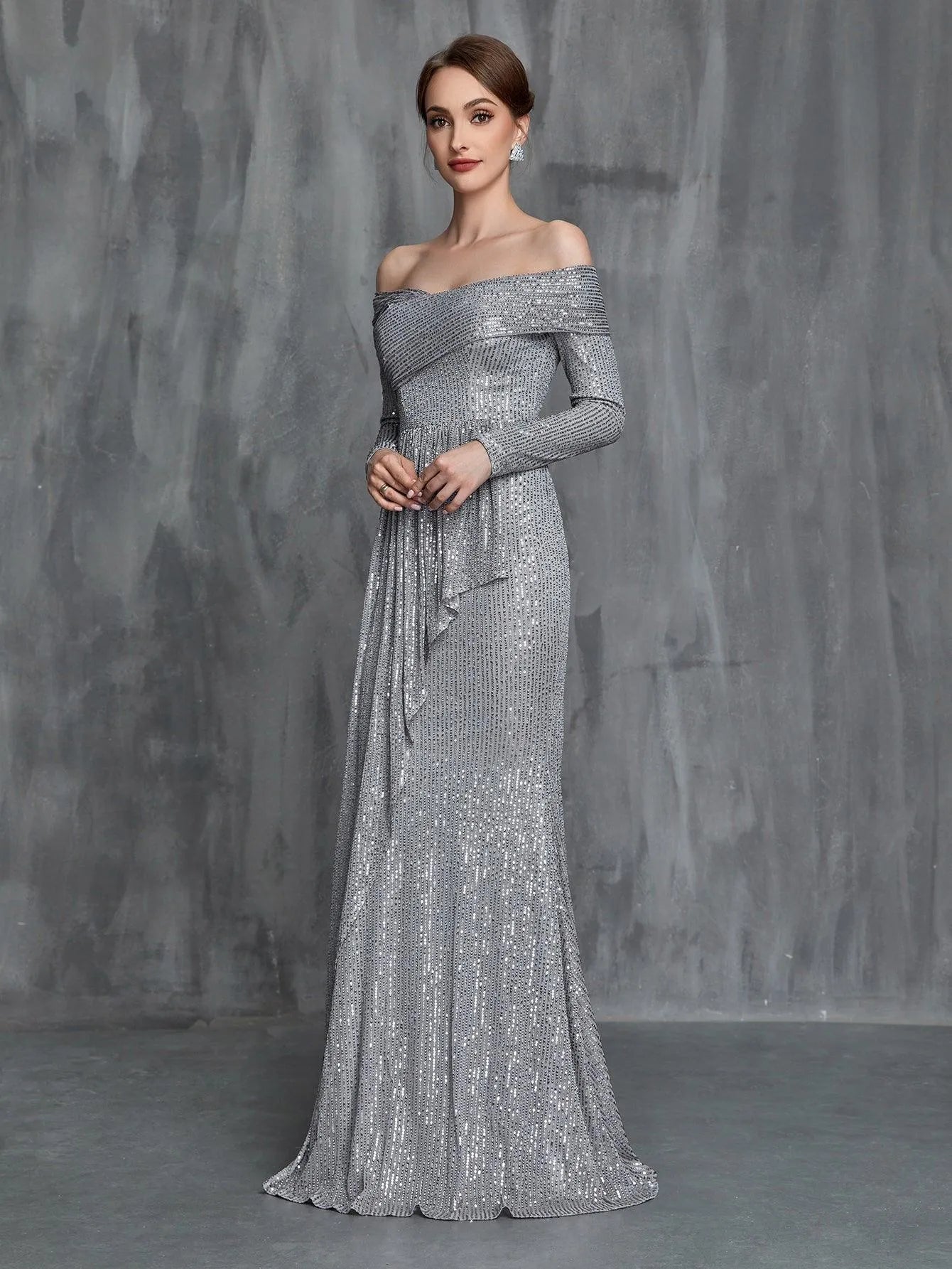 Womens' Off Shoulder Long Sleeves Sequin Formal Dress - Elonnashop