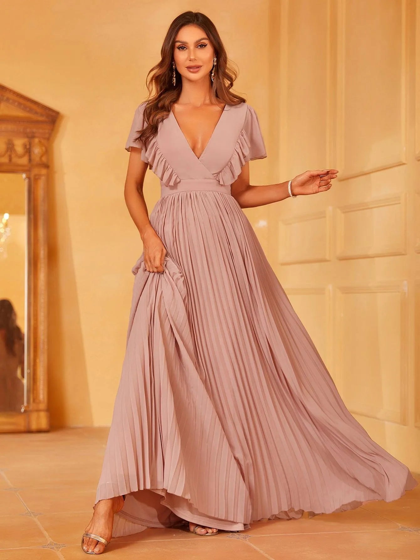 Ruffled Sleeves Pleated Chiffon A Line Dress - Elonnashop