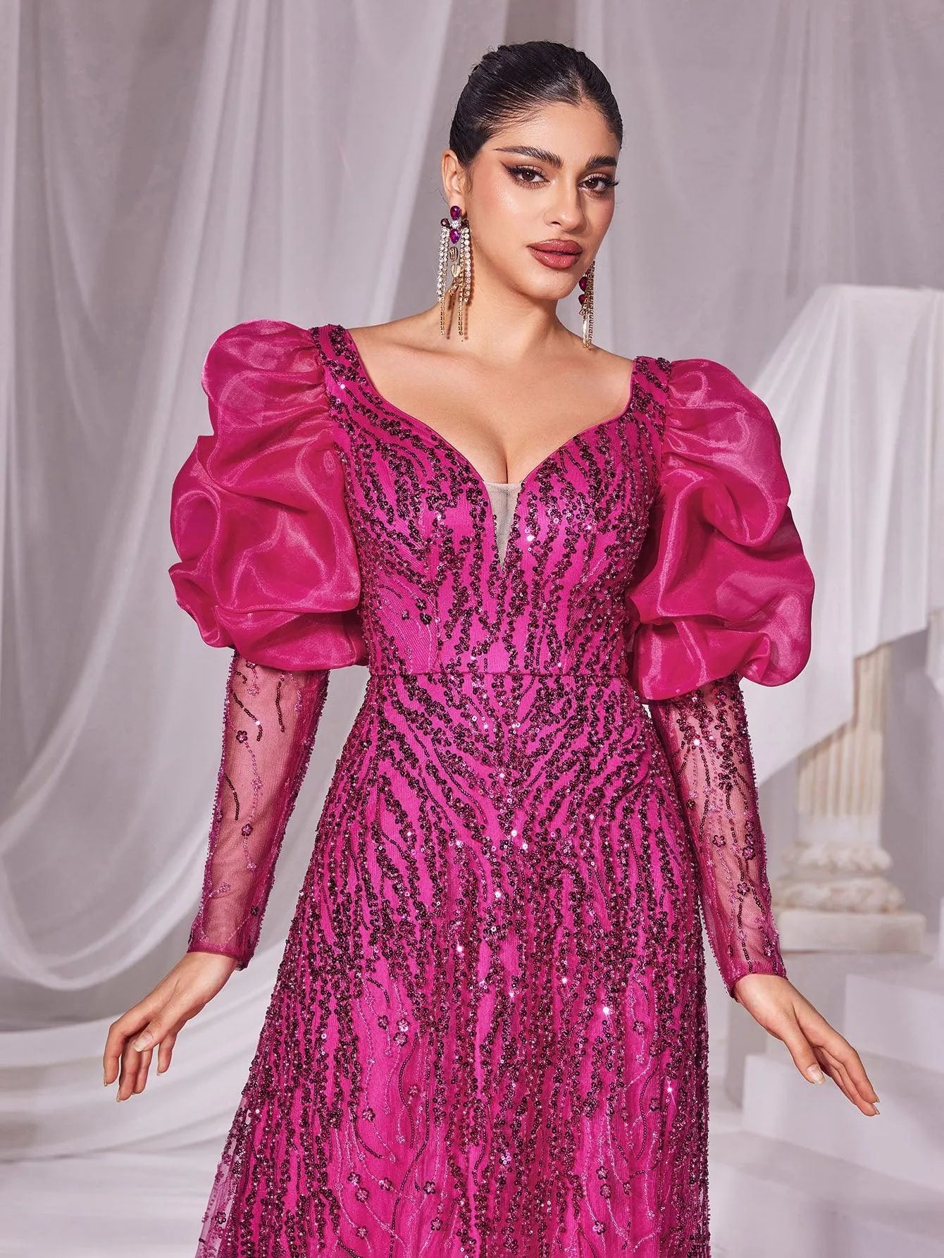 Gorgeous Plunging Neck Gigot Sleeves Maxi Prom Dress - Elonnashop