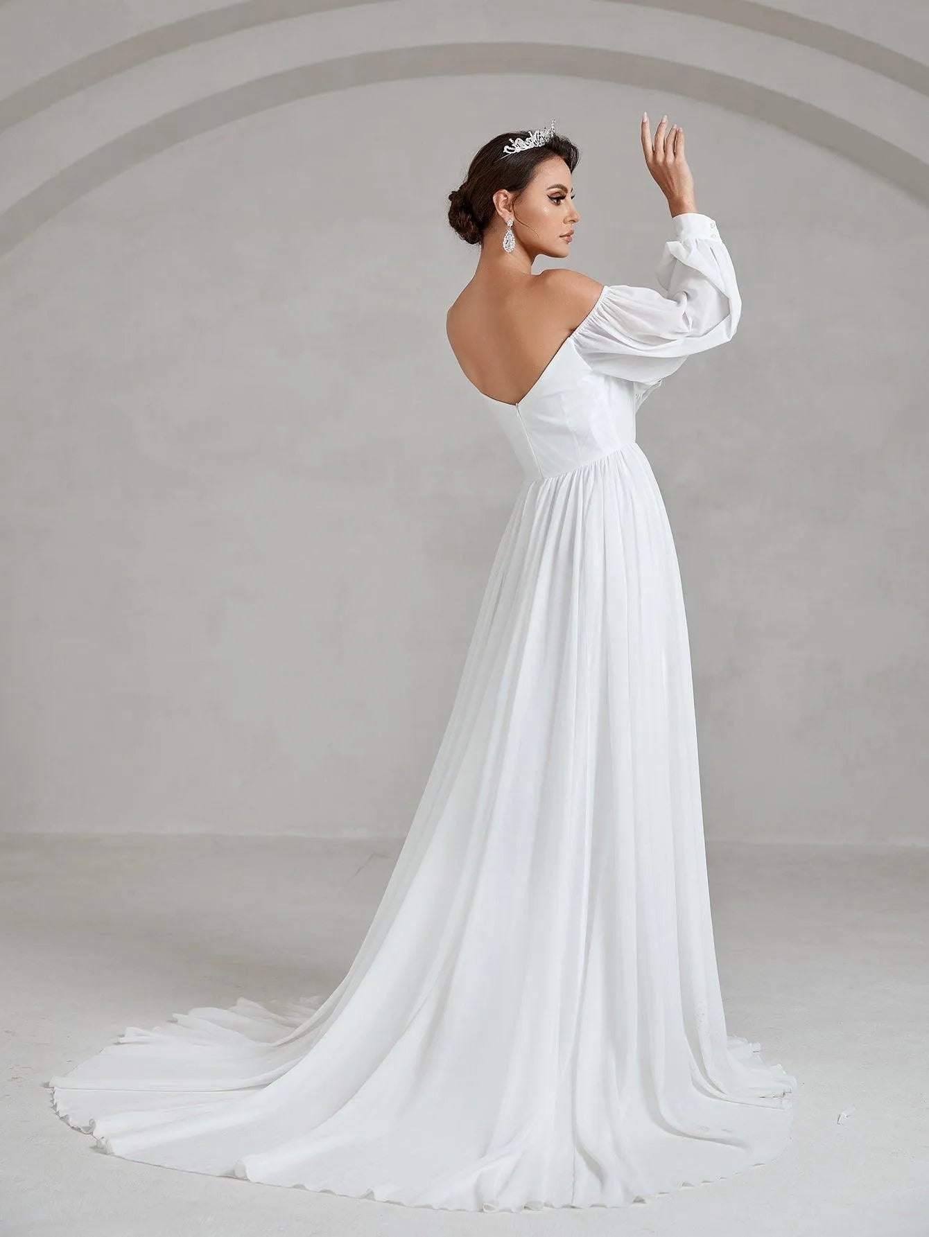 Off Shoulder Lantern Sleeve Chiffon Wedding Dress - Elonnashop