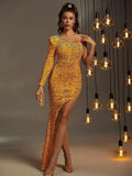 One Shoulder Asymmetrical Hem Sequin Party Dress