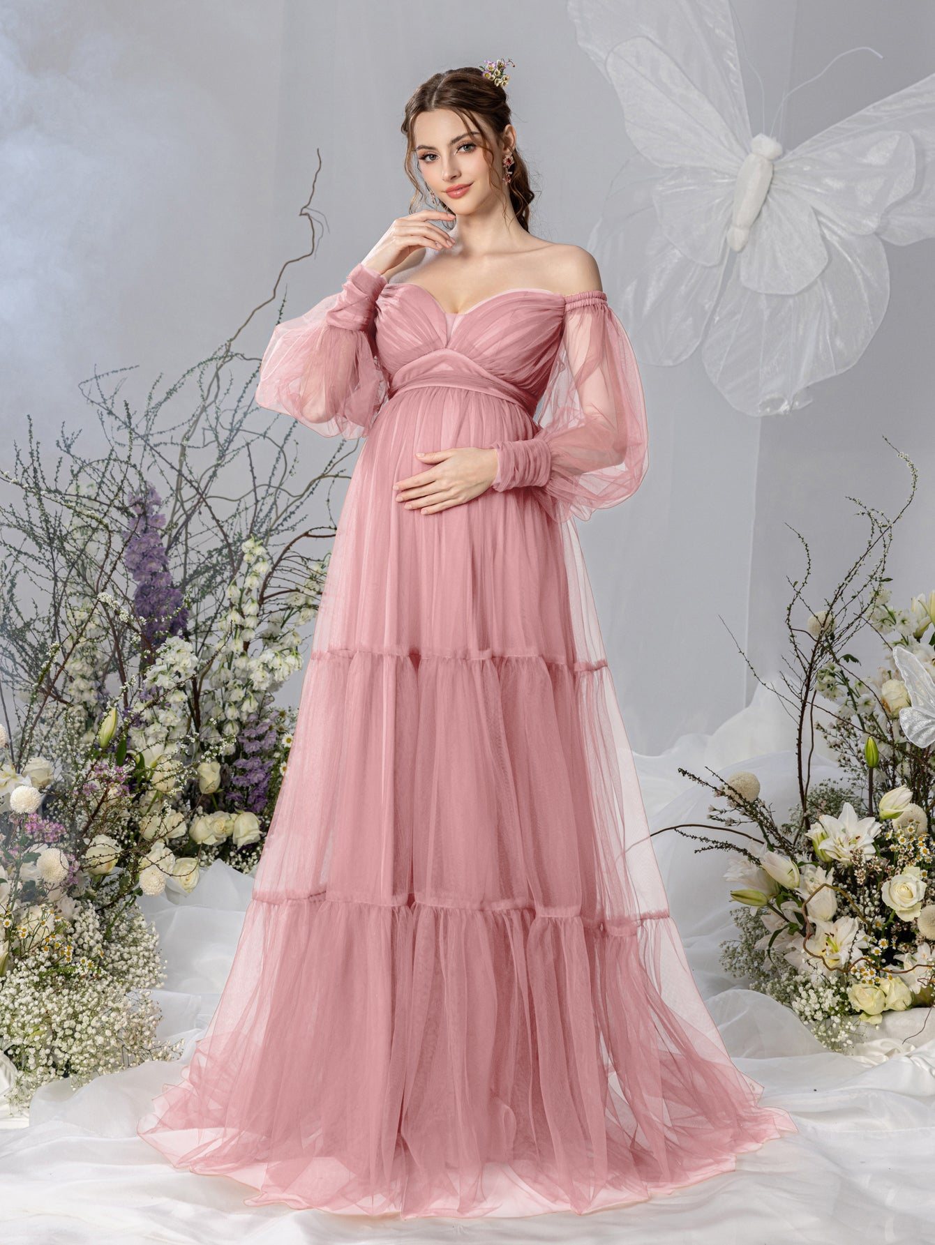 Maternity Off Shoulder Bishop Sleeves Layered Tulle Photography Dress