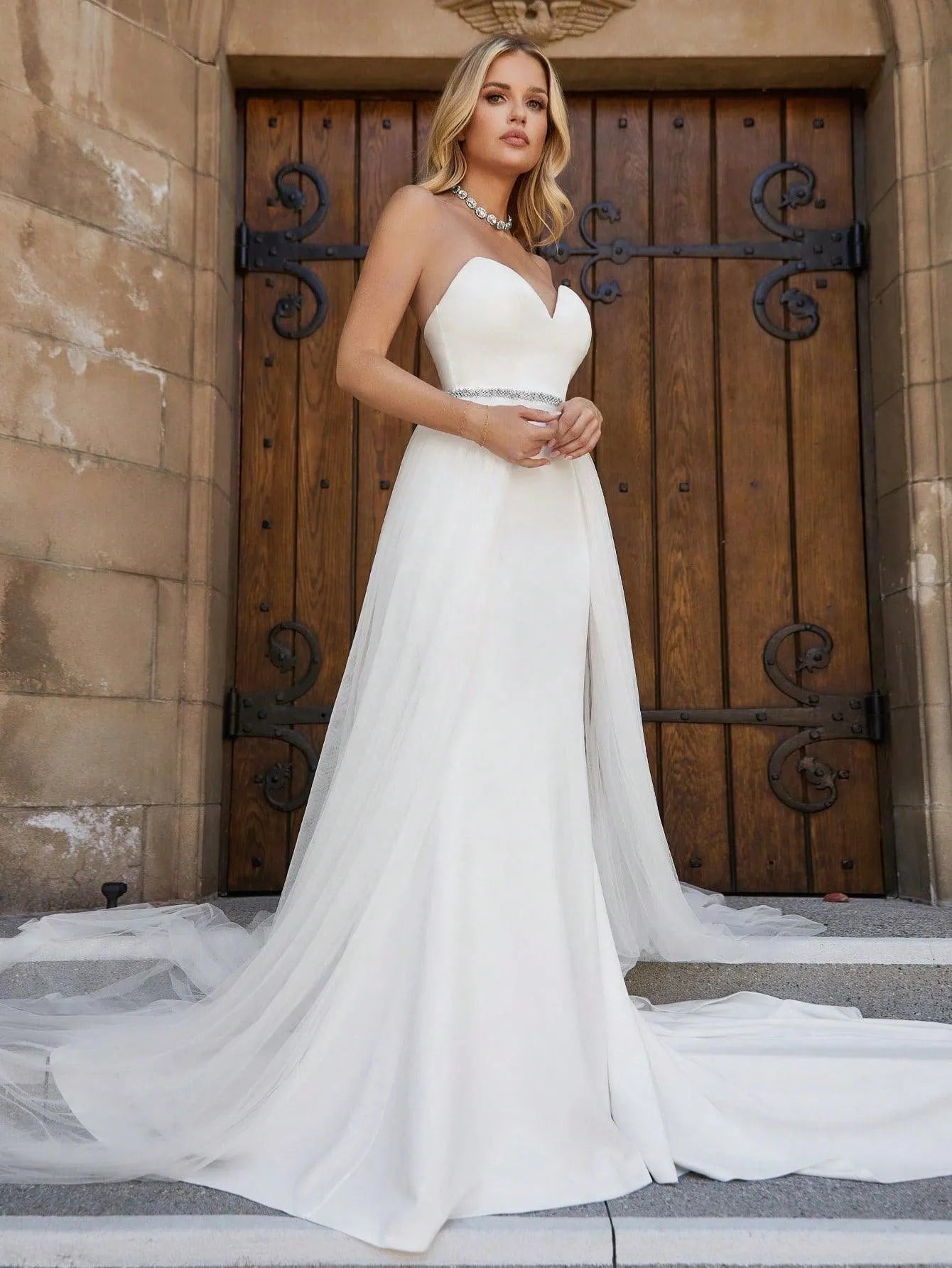 Mesh Overlay Rhinestone Waistband Tube Wedding Dress - Elonnashop