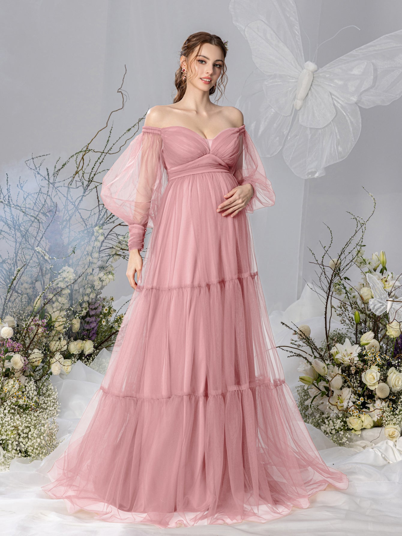 Maternity Off Shoulder Bishop Sleeves Layered Tulle Photography Dress