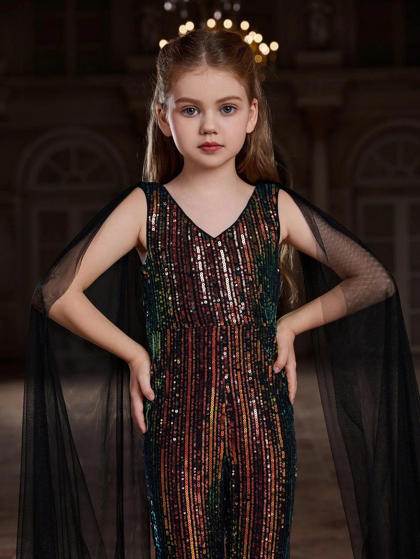 Tween Girls' V Neck Mesh Cape Sleeves Sequin Jumpsuit - Elonnashop