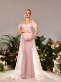 Maternity Off Shoulder Mermaid Hem Mesh Overlay Evening Dress